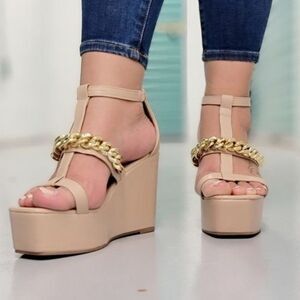 Women's Gold Chain High Wedge Platform Nude Color